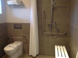 Un baño con inodoro, ducha con barras de apoyo y toallero.