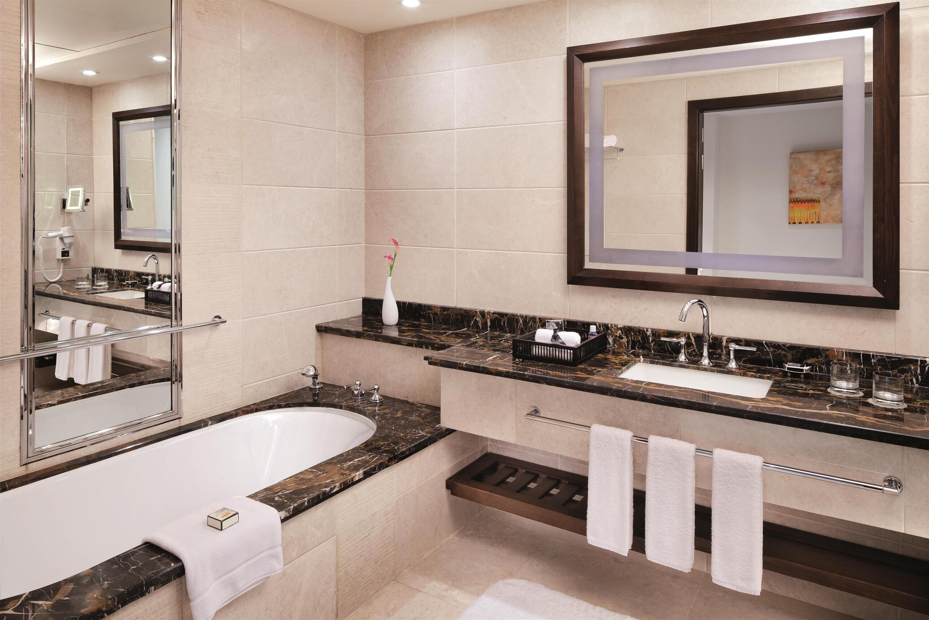 shower, rainfall showerhead, designer toiletries, hair dryer