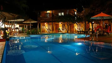 Outdoor pool, pool umbrellas, pool loungers