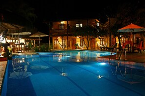 Outdoor pool, pool umbrellas, pool loungers