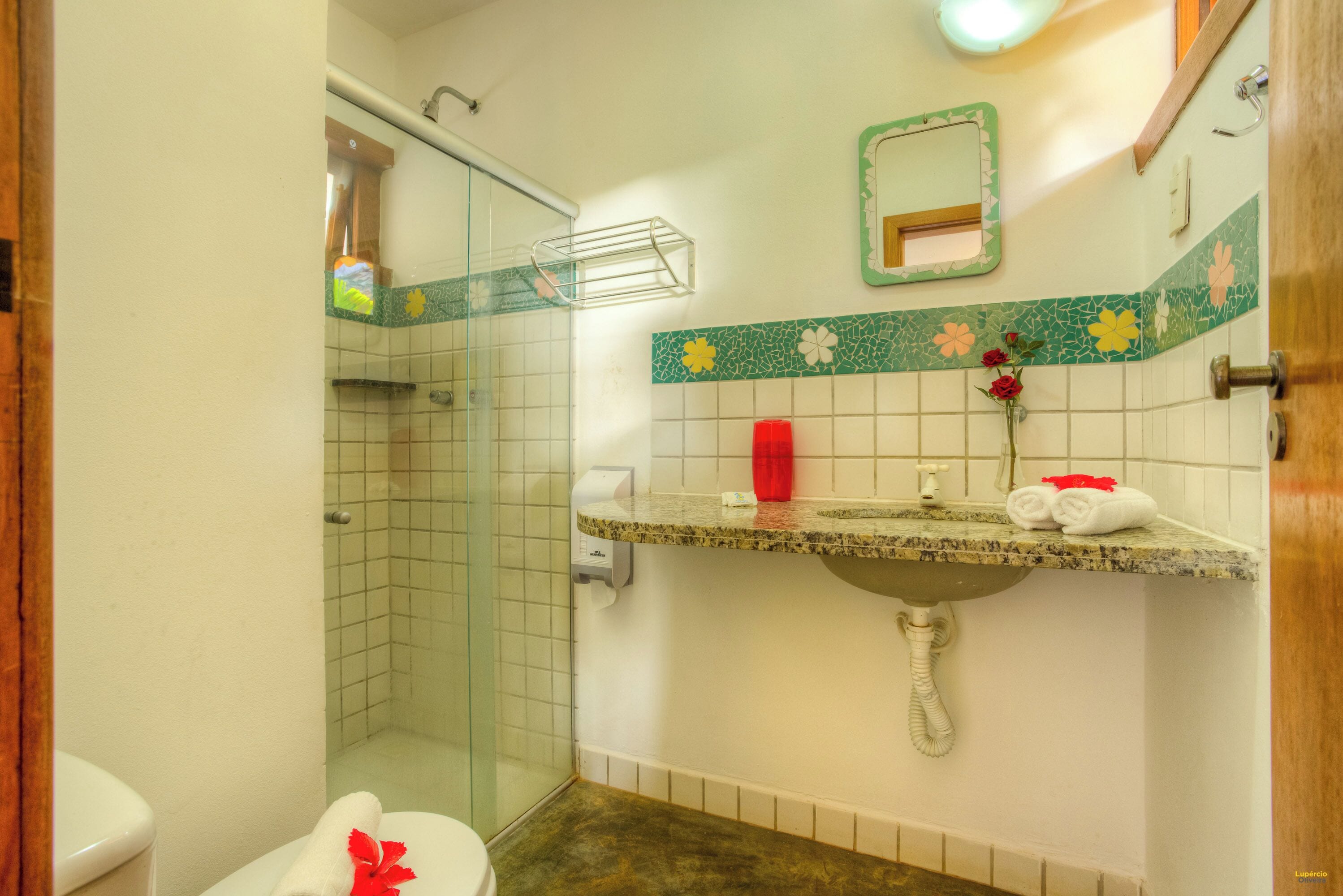 Un baño con ducha, inodoro, lavamanos y espejo.