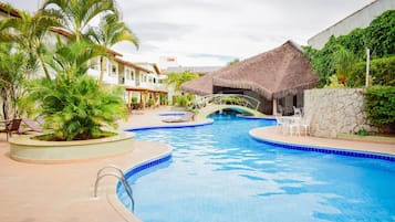 Indoor pool, outdoor pool, pool umbrellas, sun loungers