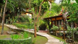 A lush garden with a stone pathway leading to a traditional-style building with a tiled roof. - Hotel Portaló (Cairu)