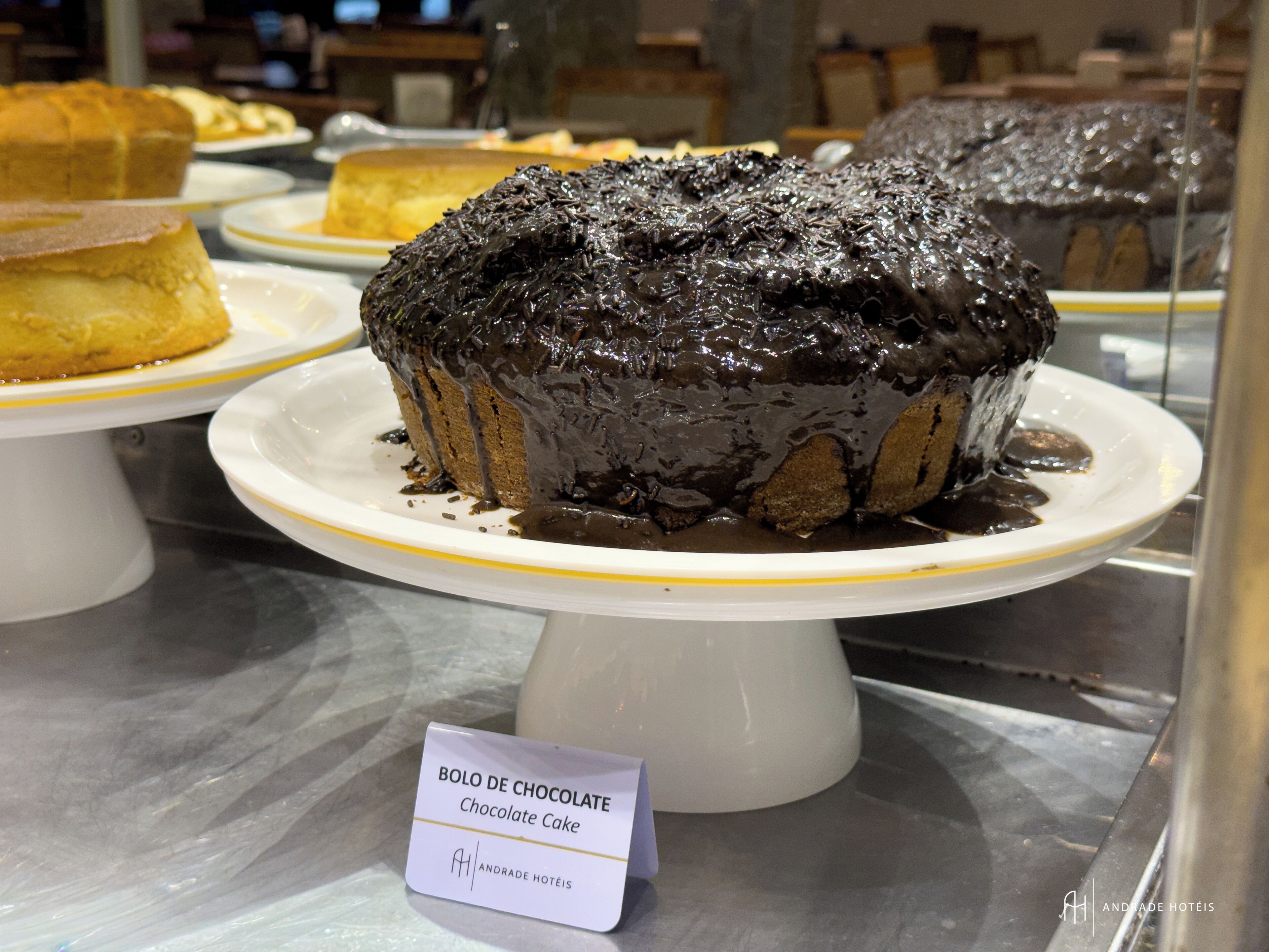 Un pastel de chocolate sobre un plato blanco, con un cartel que dice 'Bolo de Chocolate'.