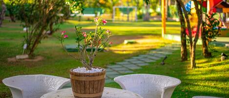 A garden setting with a white table and chairs, a wooden planter with flowers, and a green lawn.