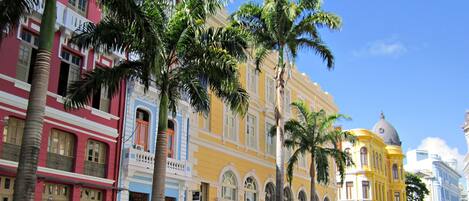 A street lined with colorful buildings, parked cars, and palm trees.