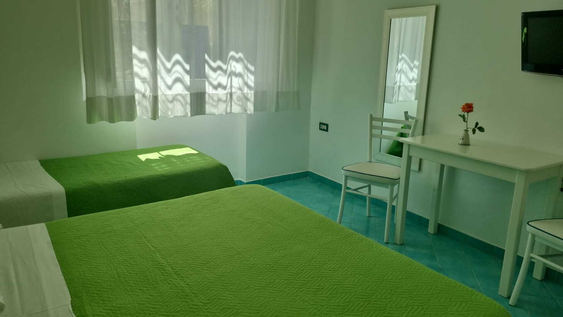 Une chambre avec deux lits simples, un bureau, une chaise, un miroir et une petite table agrémentée d’un vase de fleurs.