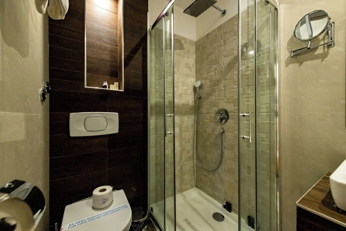 Bathroom | Shower, free toiletries, hair dryer, bathrobes