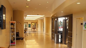 A hotel corridor with a reception desk, a luggage cart, and a seating area with chairs. - Austral Express (Comodoro Rivadavia)