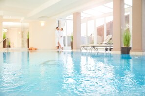 Indoor pool, outdoor pool, open 7:00 AM to 8:00 PM, pool umbrellas