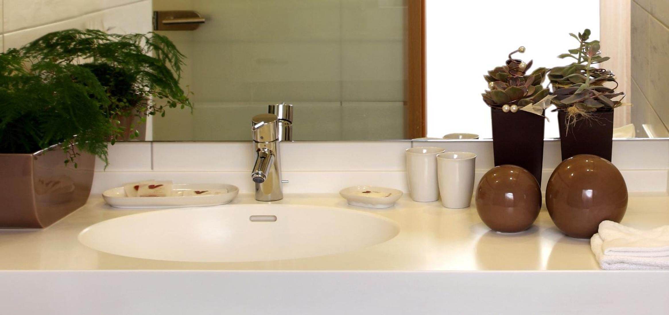Ein Badezimmer mit einem weißen Waschbecken, einem Spiegel, einer Pflanze und zwei Vasen mit Sukkulenten.