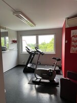 Une salle de sport équipée de deux tapis de course, d’un vélo d’appartement et d’un miroir.