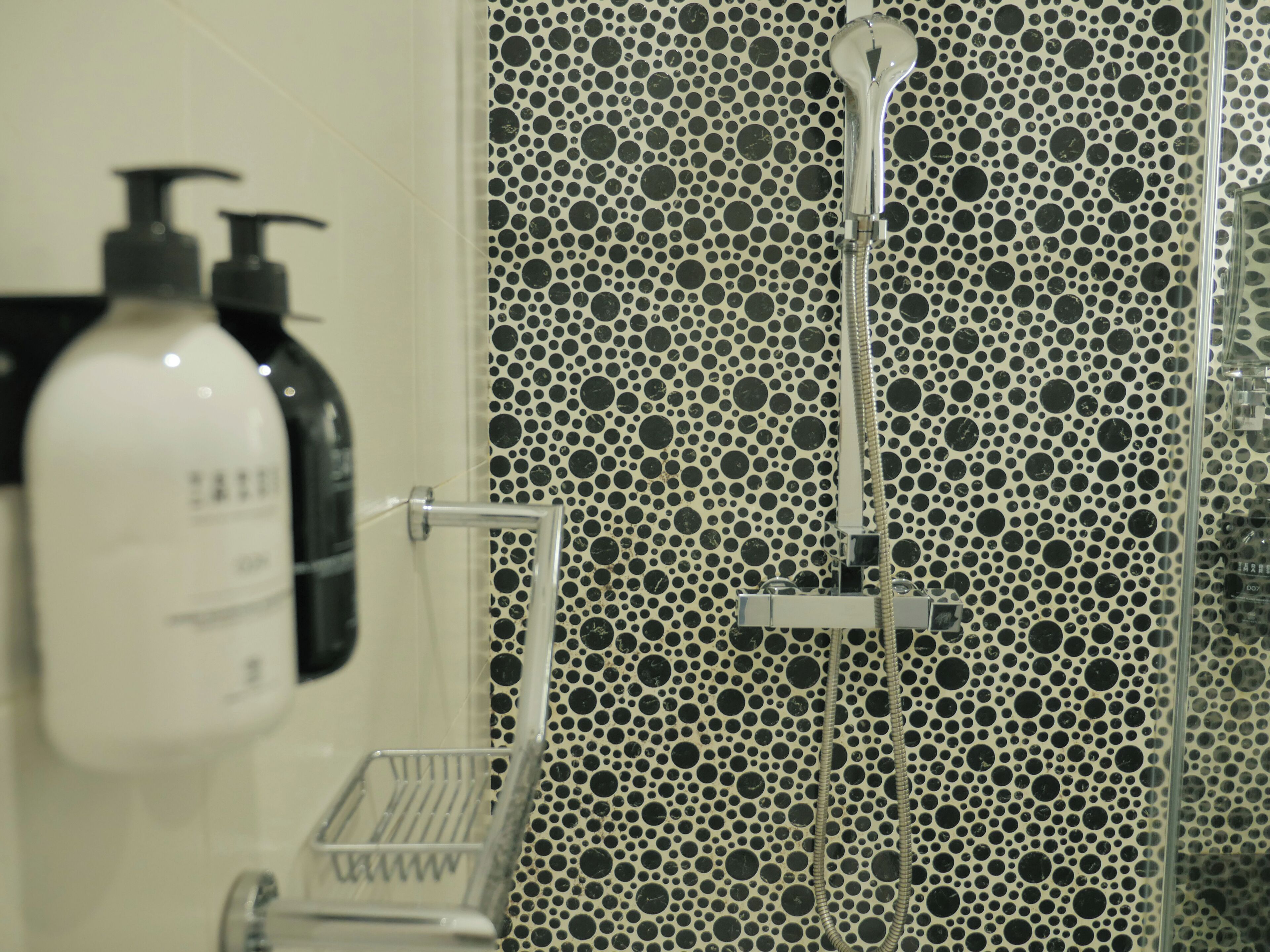 A bathroom with a shower, a soap dispenser, and a towel rack.