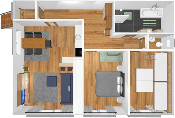 A modern apartment layout with a living room, kitchen, bathroom, and two bedrooms. - Hotel Zum Mohren (Reutte)