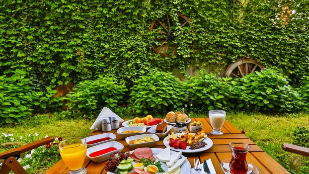 A wooden table set with a variety of breakfast items including bread, eggs, and fruit, surrounded by lush greenery. - Han Hotel (Istanbul)