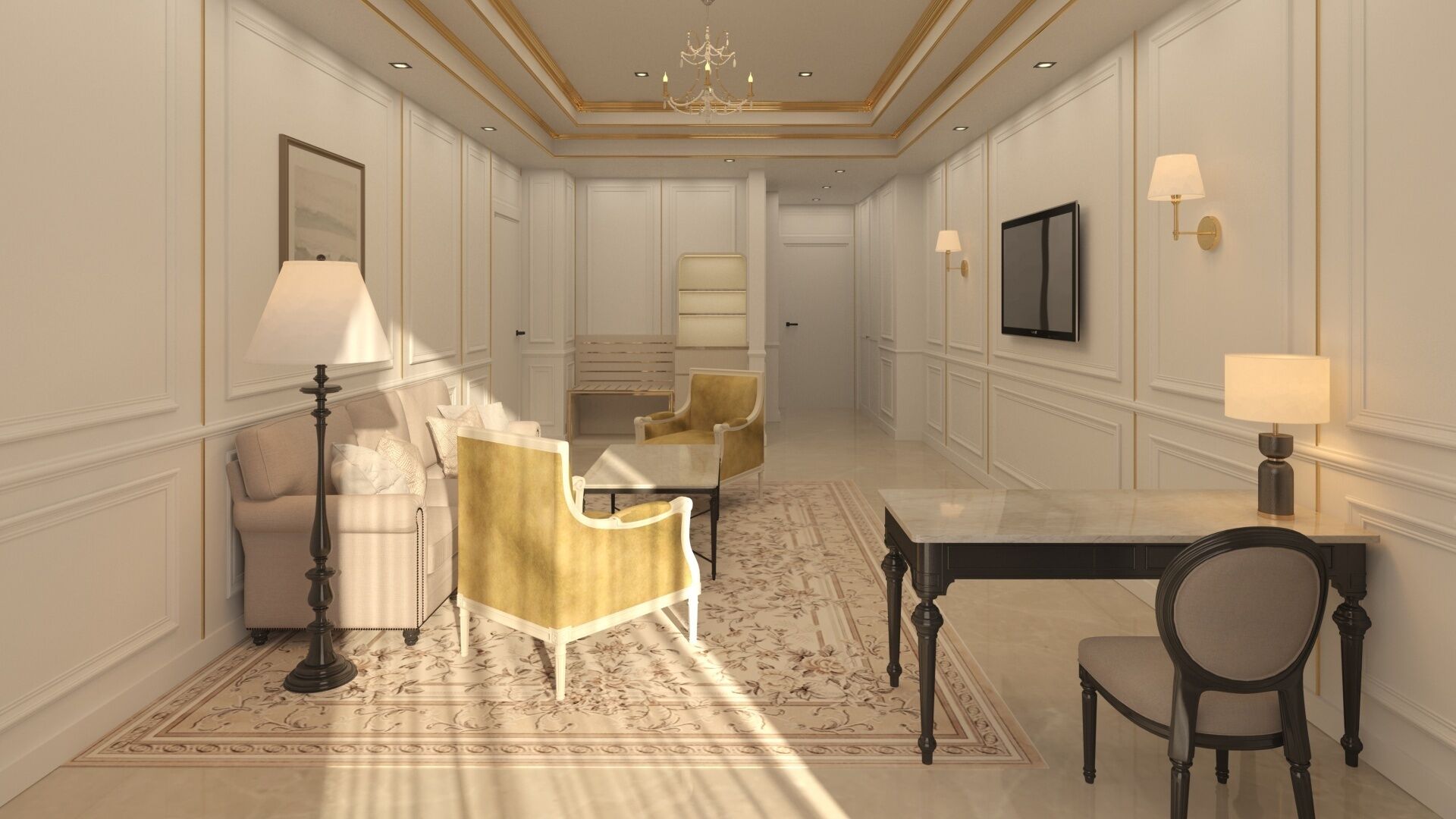 A hotel room with a large bed, a sitting area with a sofa and armchairs, a dining table, and a television.