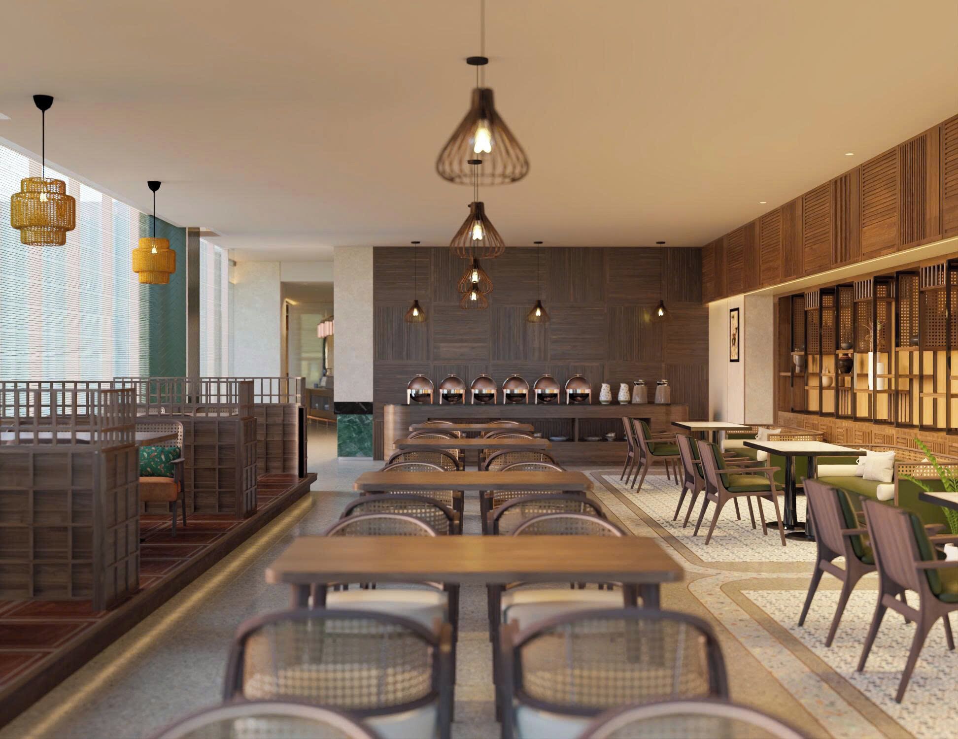 A modern restaurant interior with wooden paneling, hanging pendant lights, and a variety of seating options including tables and chairs.