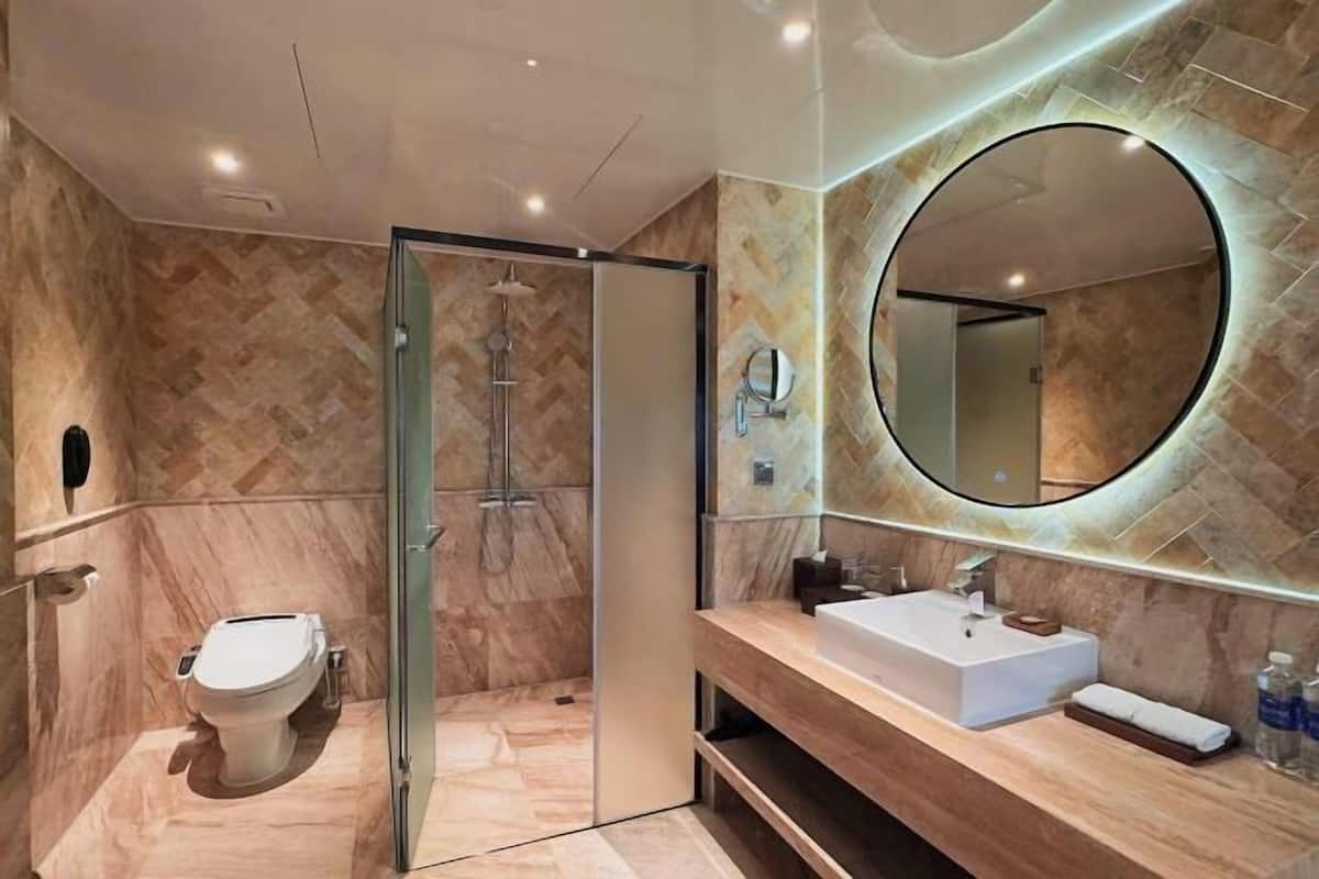 Combined shower/bathtub, hair dryer, bathrobes, slippers