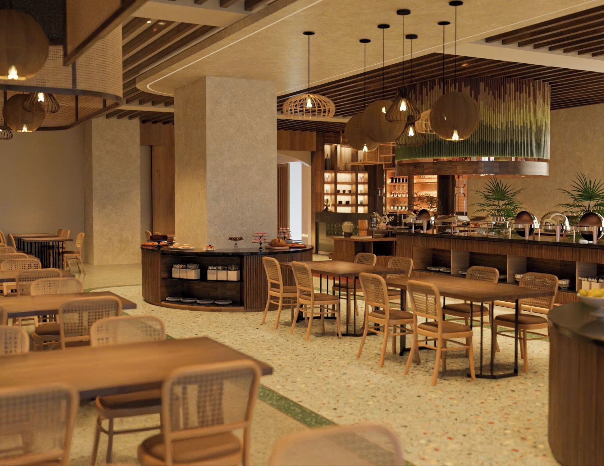 A modern restaurant with wooden furniture, a bar area, and pendant lighting.