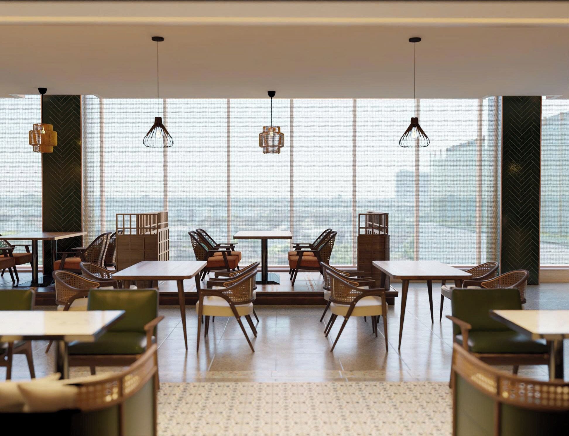 Un comedor moderno con mobiliario de mimbre, ventanas amplias y lámparas colgantes.