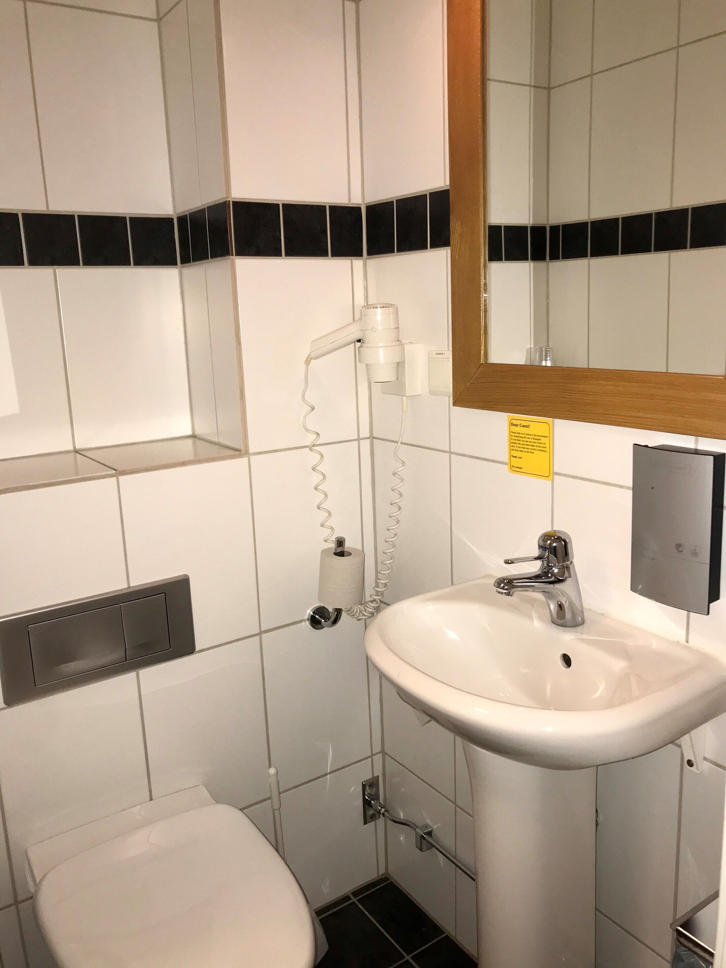 single room (1 single/twin bed and 1 sofa bed) | bathroom | hair dryer, towels, soap, shampoo