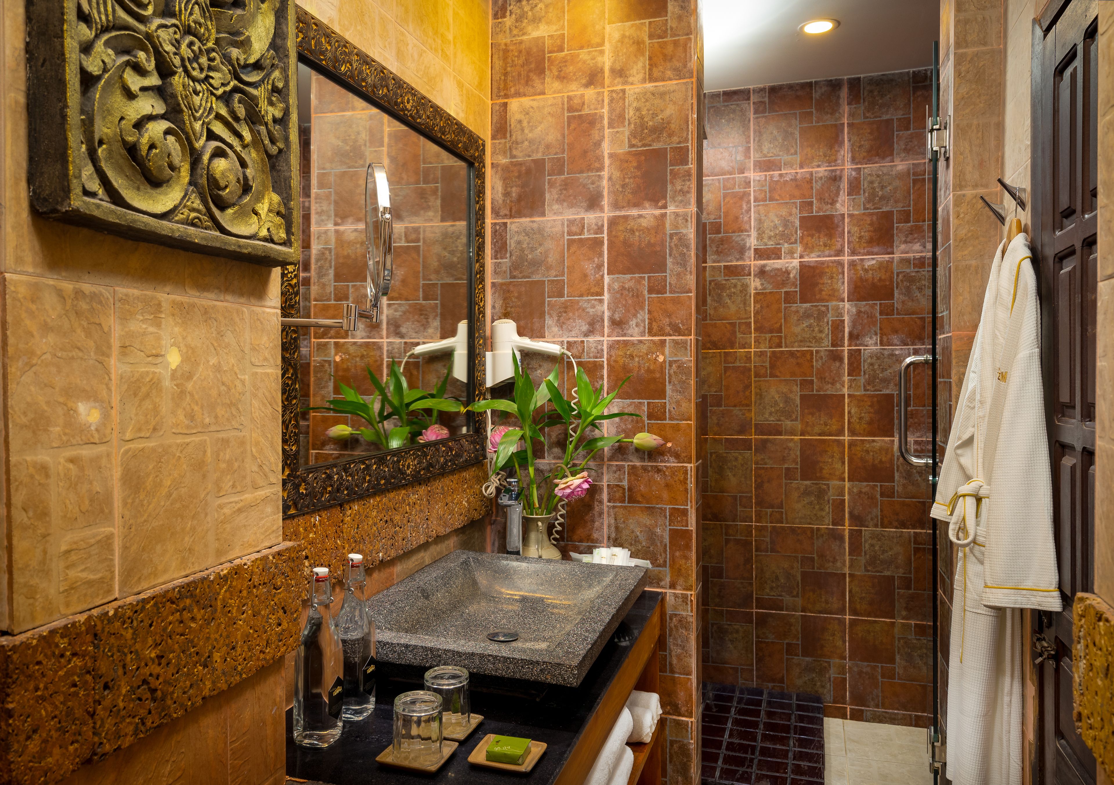 shower, rainfall showerhead, designer toiletries, hair dryer