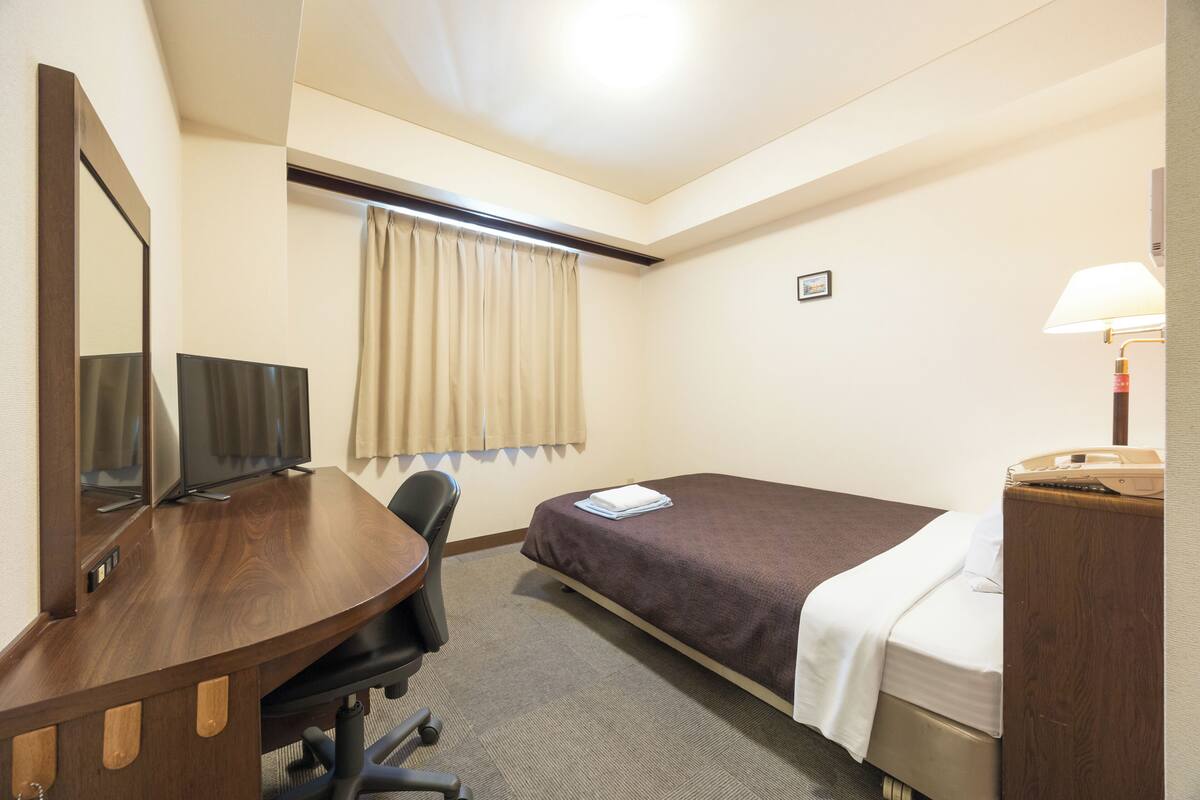 Habitación de hotel con una cama individual, un escritorio con silla, un espejo, una lámpara y una ventana con cortinas.