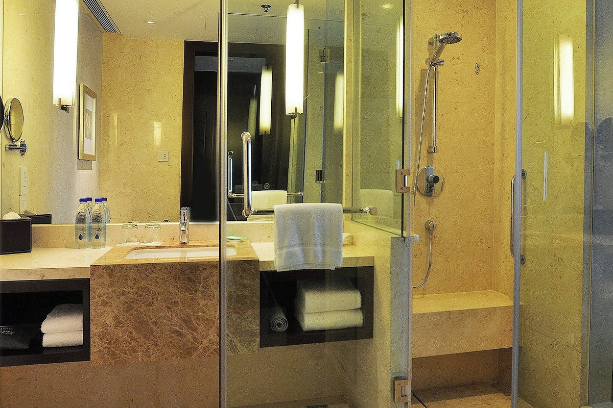 combined shower/bathtub, free toiletries, hair dryer, bathrobes