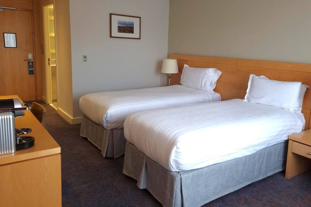 A hotel room with two beds, a desk with a coffee machine, a lamp, and a framed picture on the wall.
