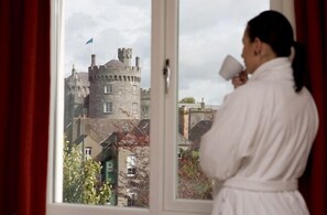 A person in a robe standing by a window with a view of a castle.