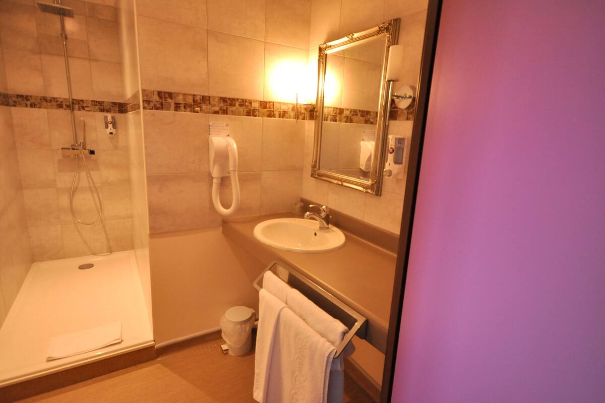 superior double room | bathroom | shower, hair dryer, towels