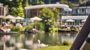 A lakeside view with a swan, umbrellas, and a curved building in the background.