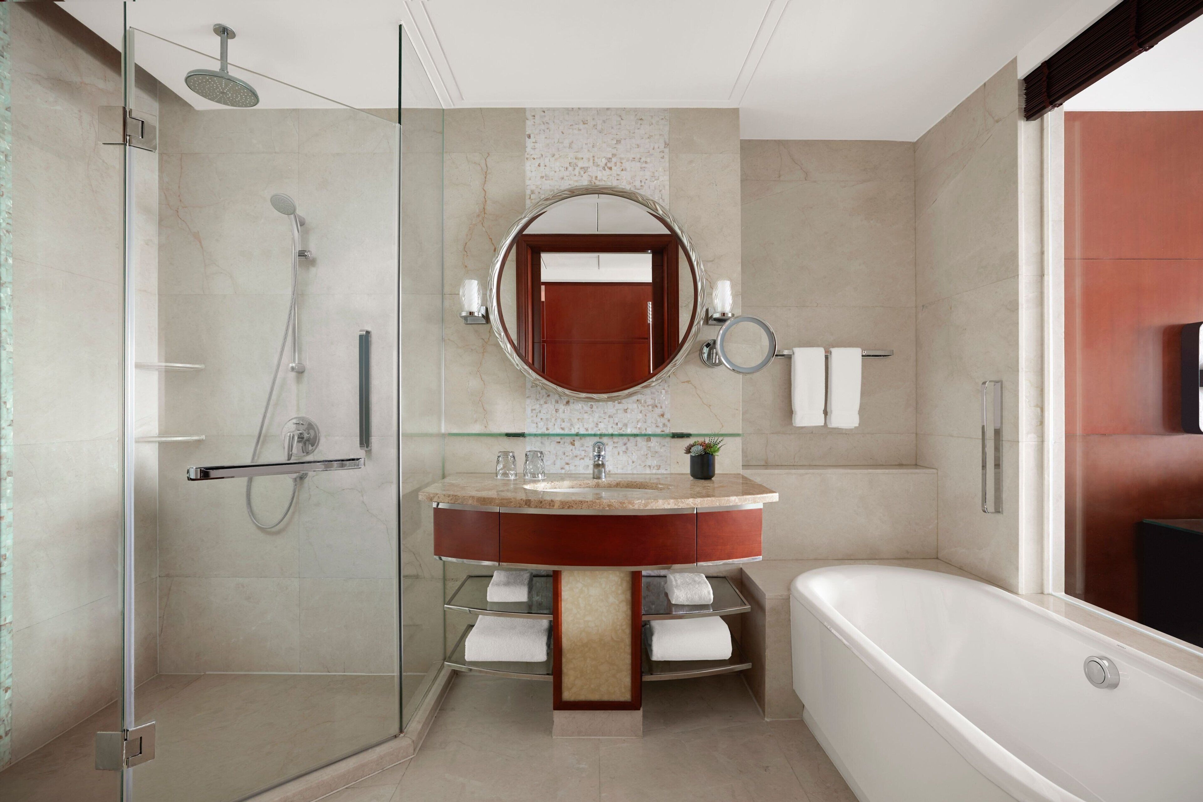 separate bathtub and shower, rainfall showerhead, free toiletries