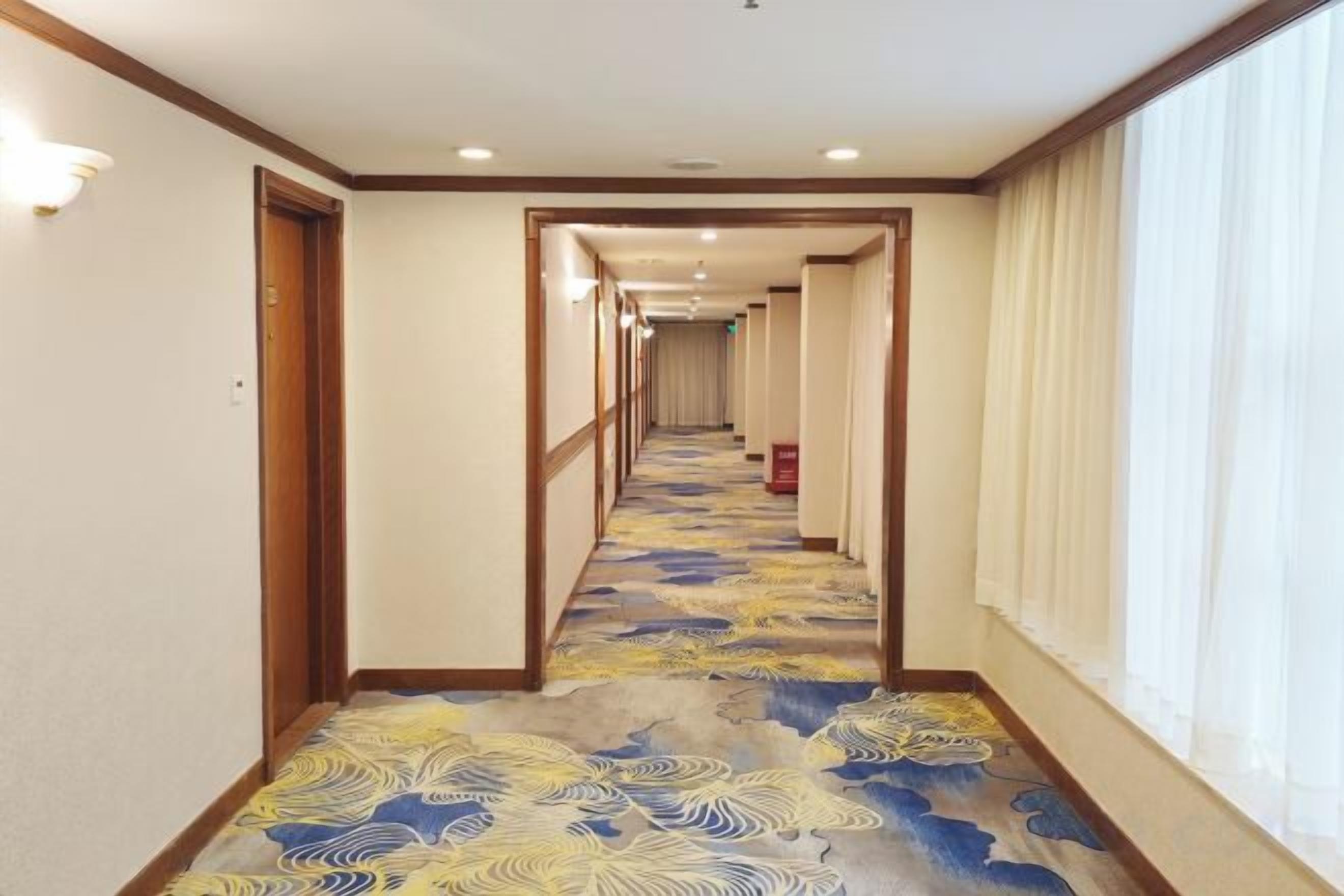 A hotel corridor with a patterned carpet, wooden doors, and a window on the right.