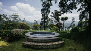 A stone hot tub surrounded by lush greenery and trees, with a mountainous backdrop.
