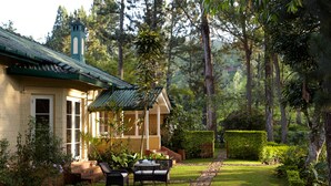 A house with a green roof, a garden with a lawn, and a pathway leading to the house.