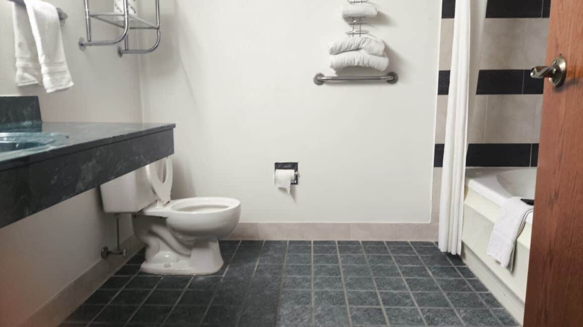 A bathroom with a toilet, a towel rack, a shower curtain, and a bathtub.