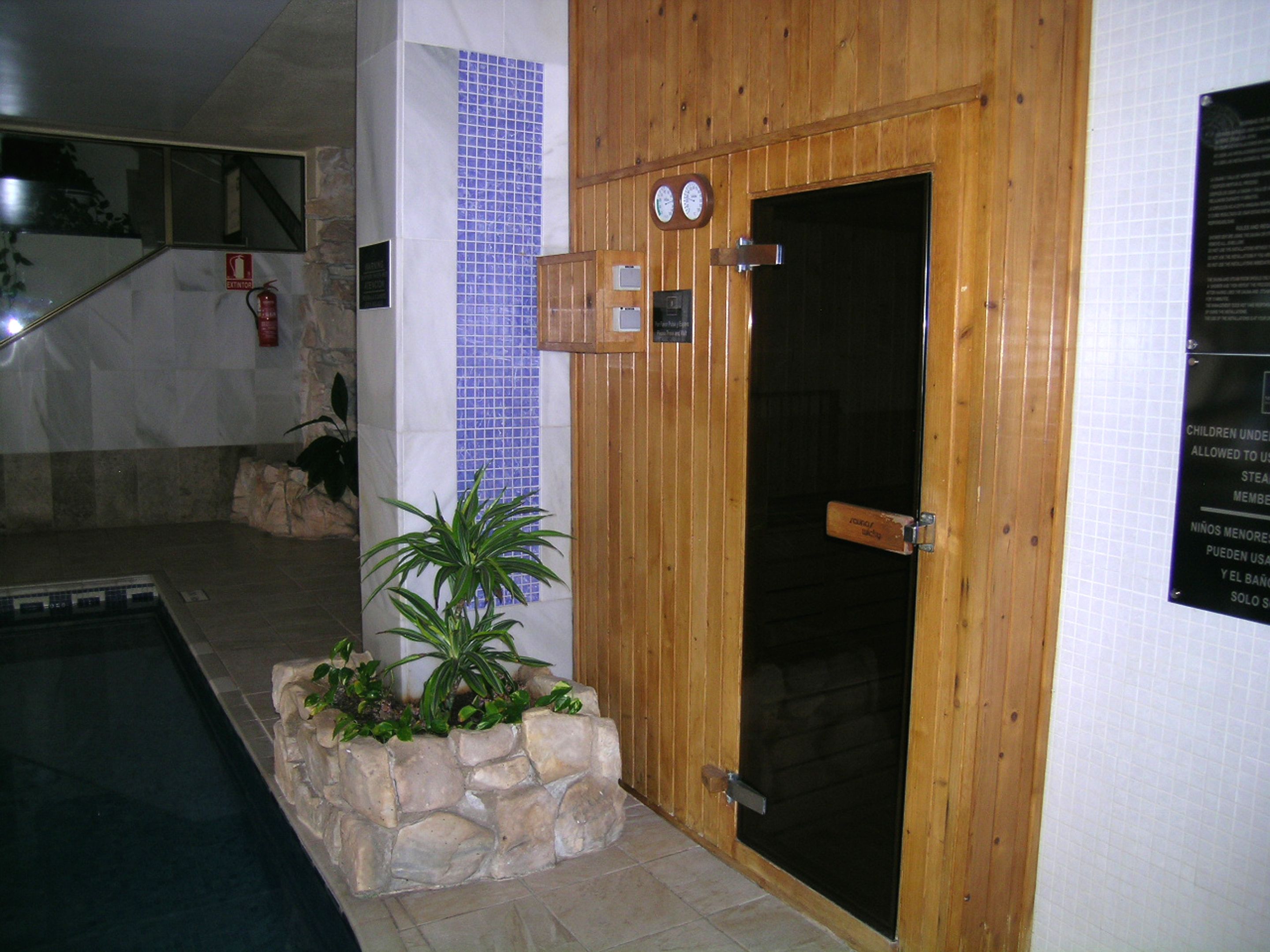 Una puerta de madera con un panel de vidrio, una jardinera de piedra con plantas y una pared de azulejos con una sección azul.