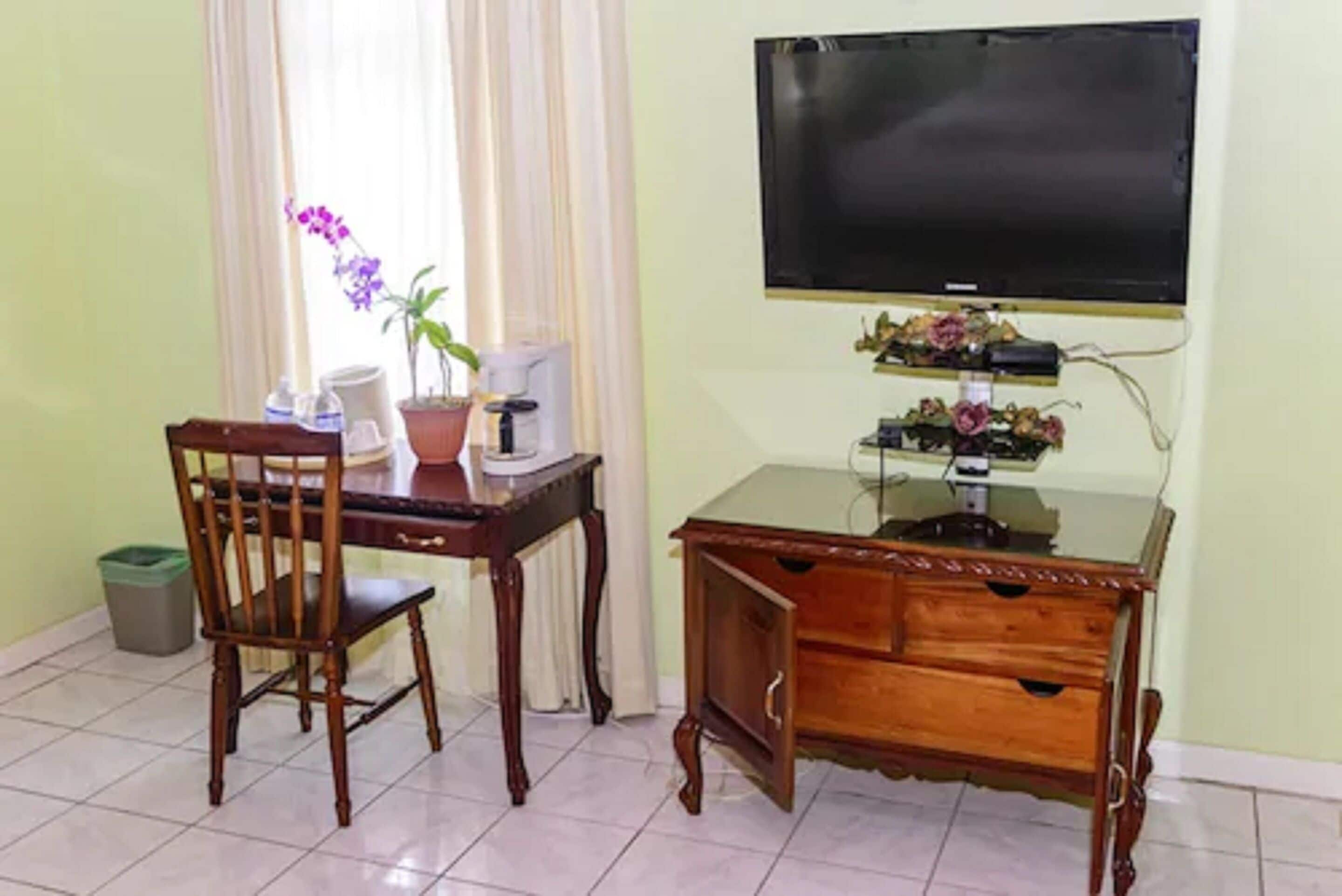 A room with a wooden desk, a chair, a television mounted on the wall, and a small potted plant.