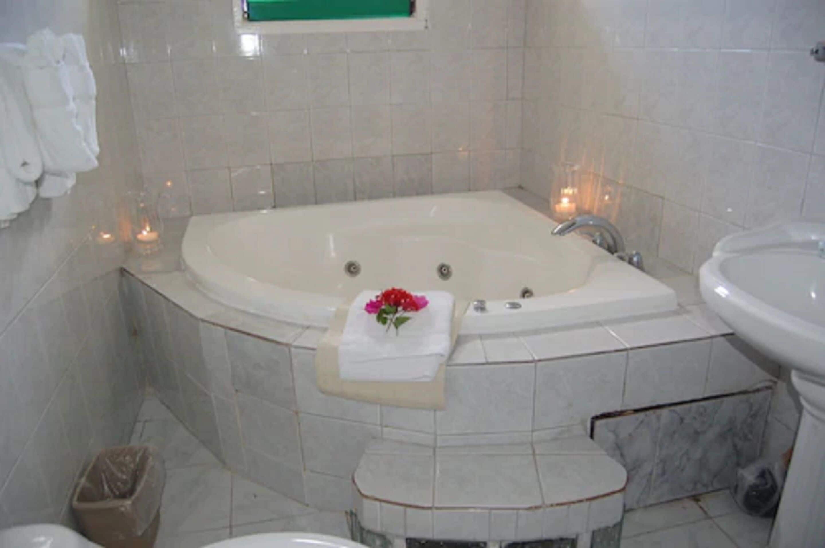Un baño con una bañera grande, un lavabo y un cubo de basura.