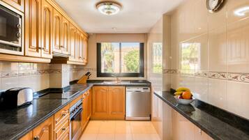 Full-sized fridge, microwave, oven, stovetop