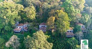 An aerial view of a residential area with multiple houses surrounded by dense forest.