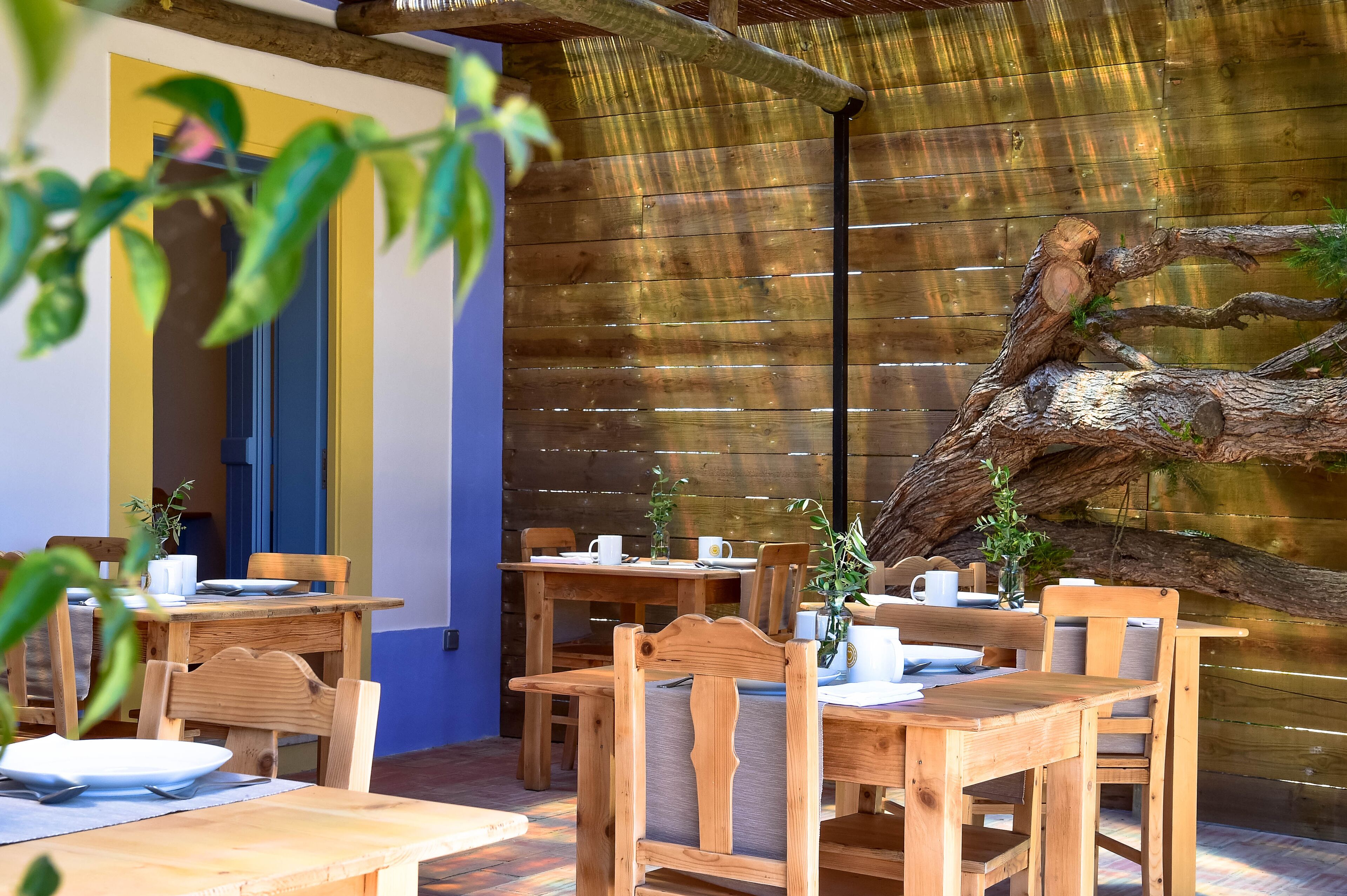 A wooden outdoor dining area with tables and chairs, a blue door, and a wooden wall.