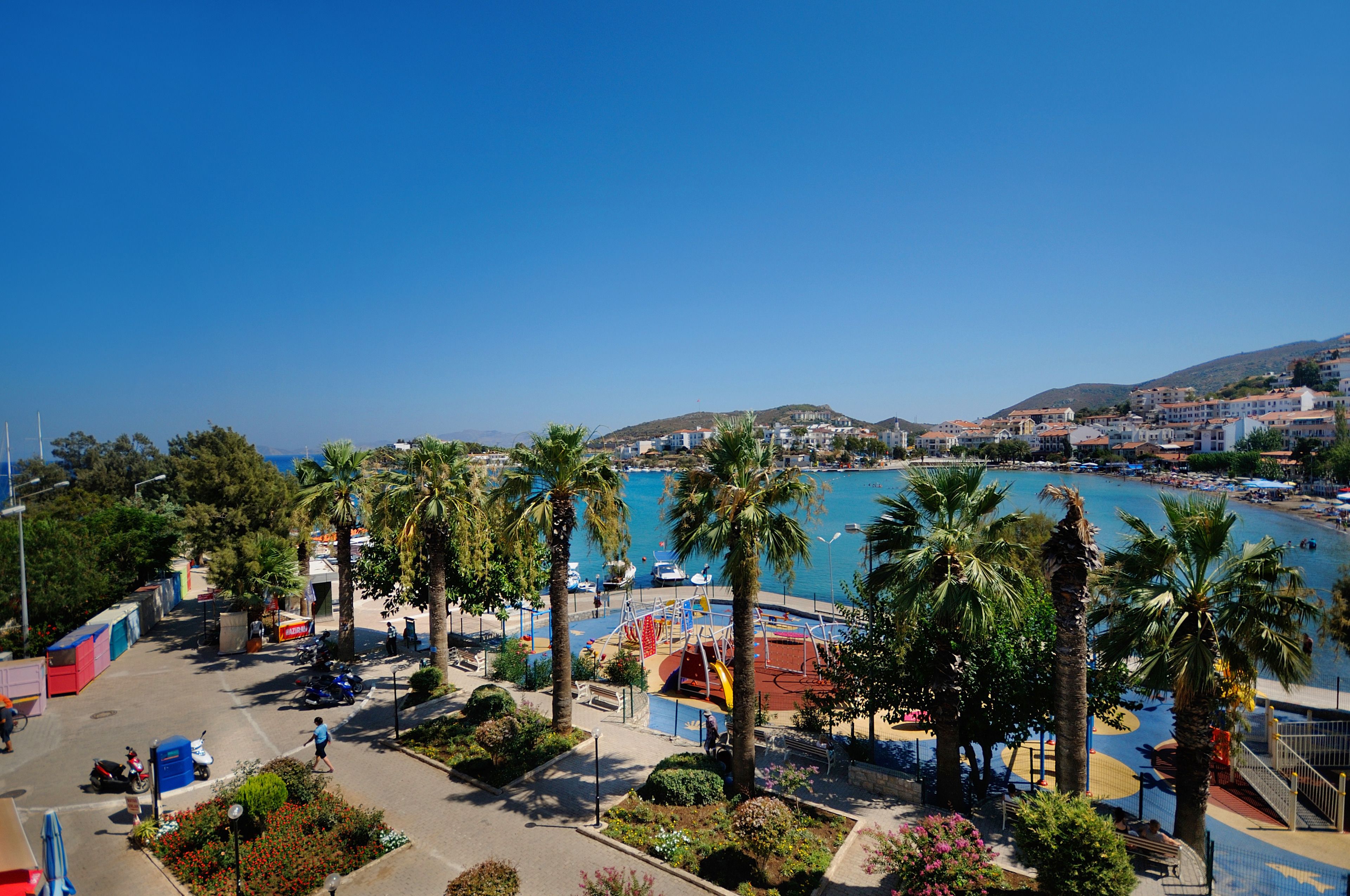 A coastal town with a marina, palm trees, and a clear blue sky.