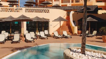 Outdoor pool, pool umbrellas, pool loungers