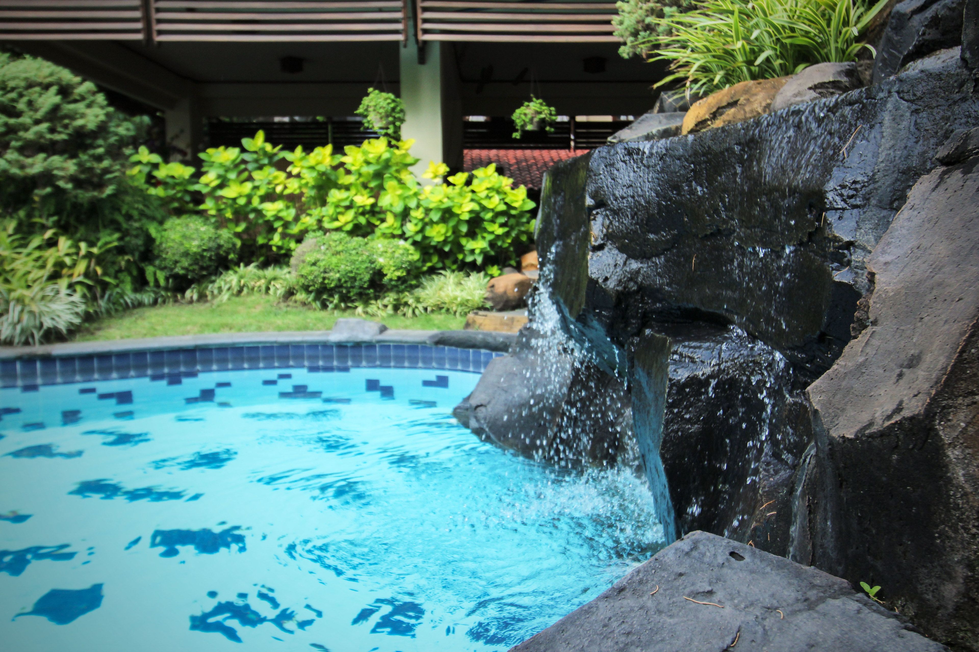 A swimming pool with a waterfall feature surrounded by lush greenery.