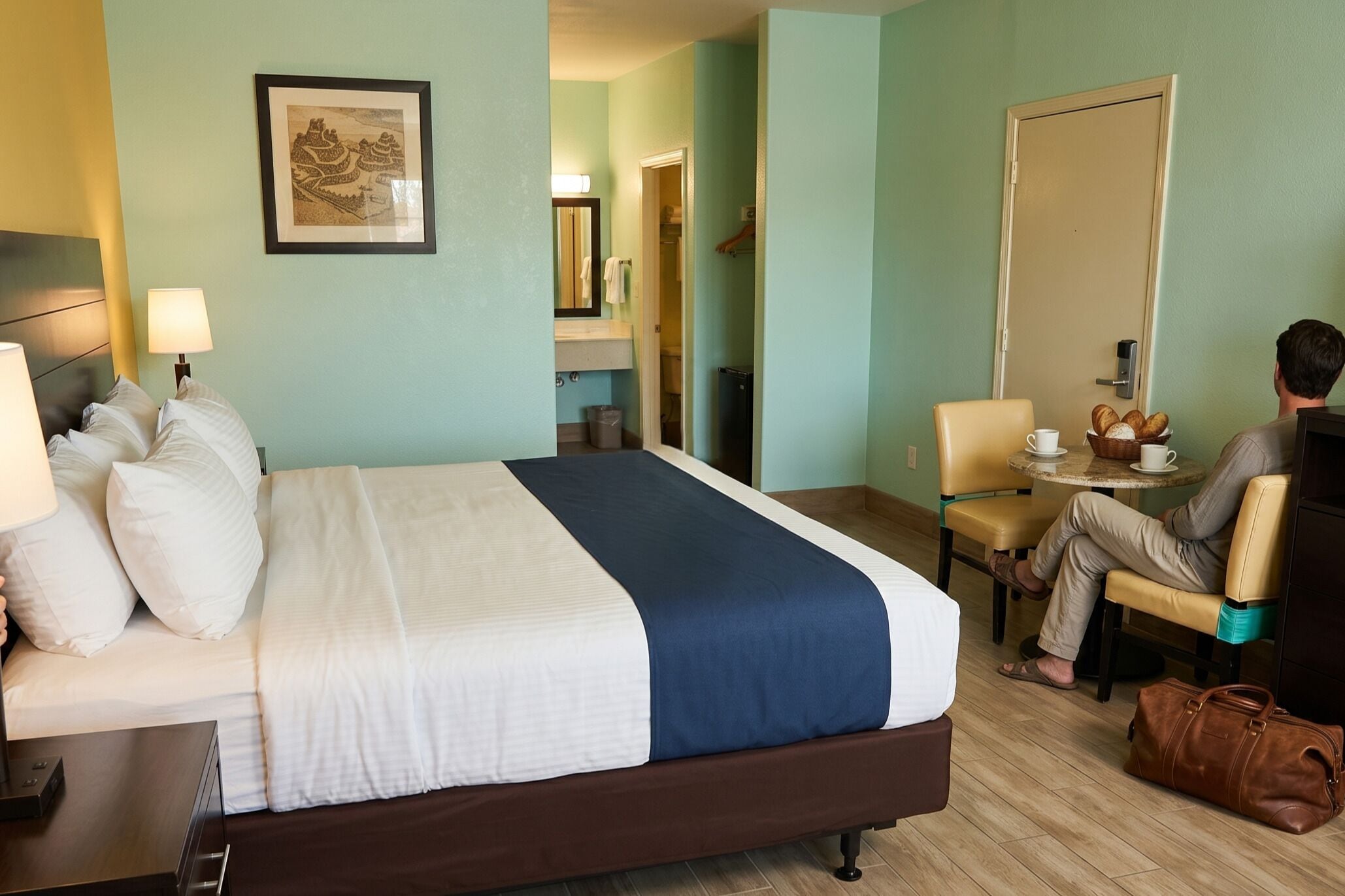 Une chambre d’hôtel avec un lit, un bureau, une chaise, une table avec une tasse et des pâtisseries, et une porte.
