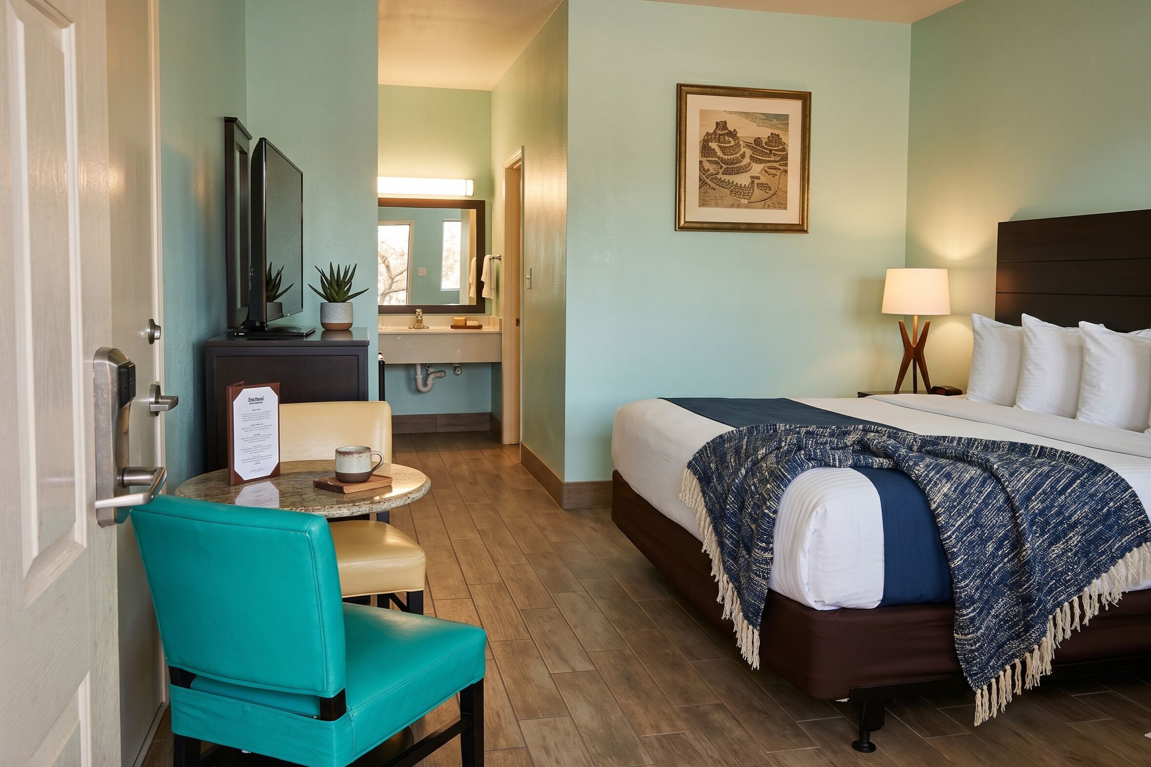 A hotel room with a bed, a desk with a chair, a small table with a cup, a mirror, a framed picture on the wall, and a lamp.
