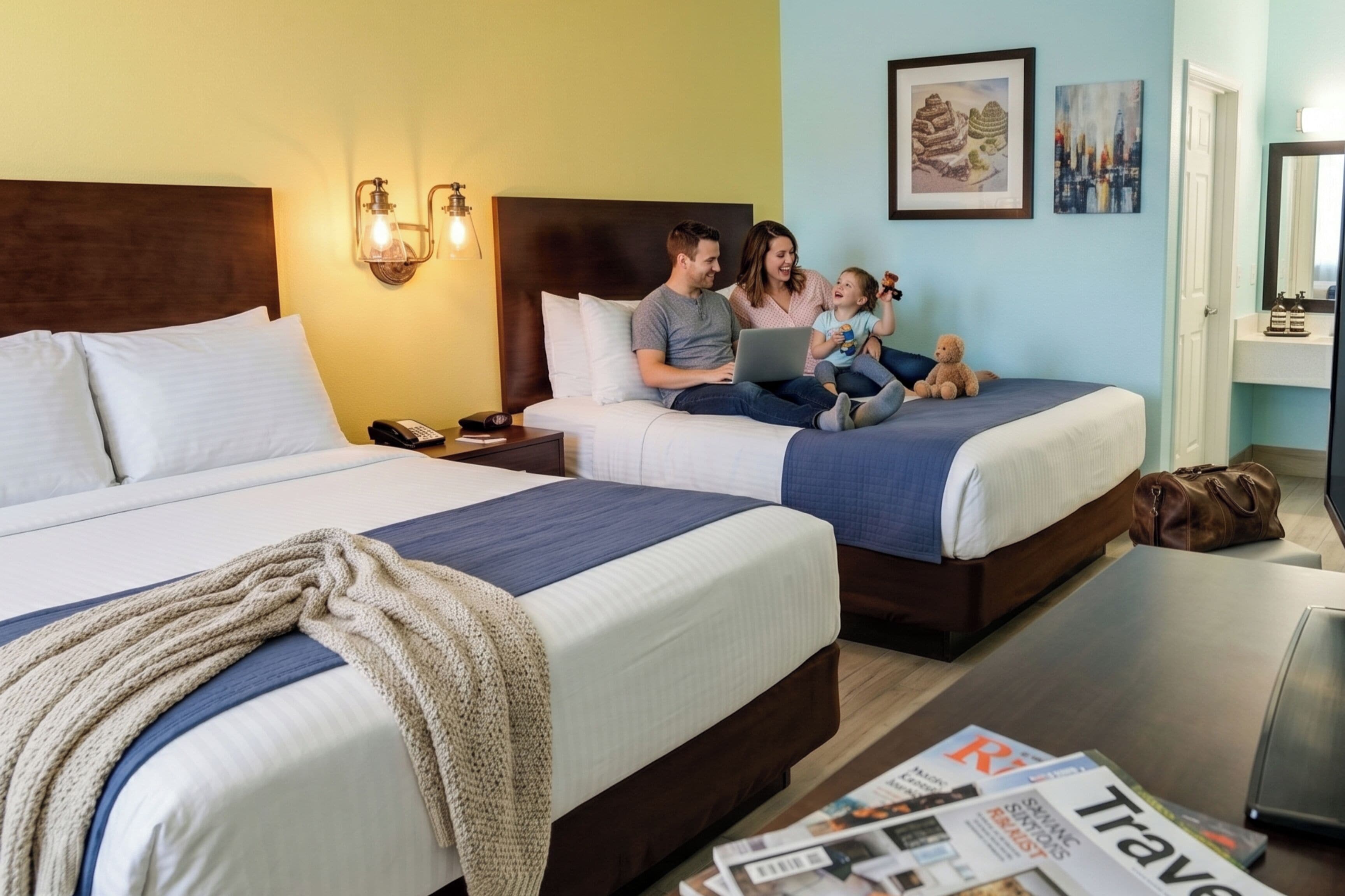 A hotel room with two beds, a nightstand with a lamp, a table with magazines, and a door leading to the bathroom.