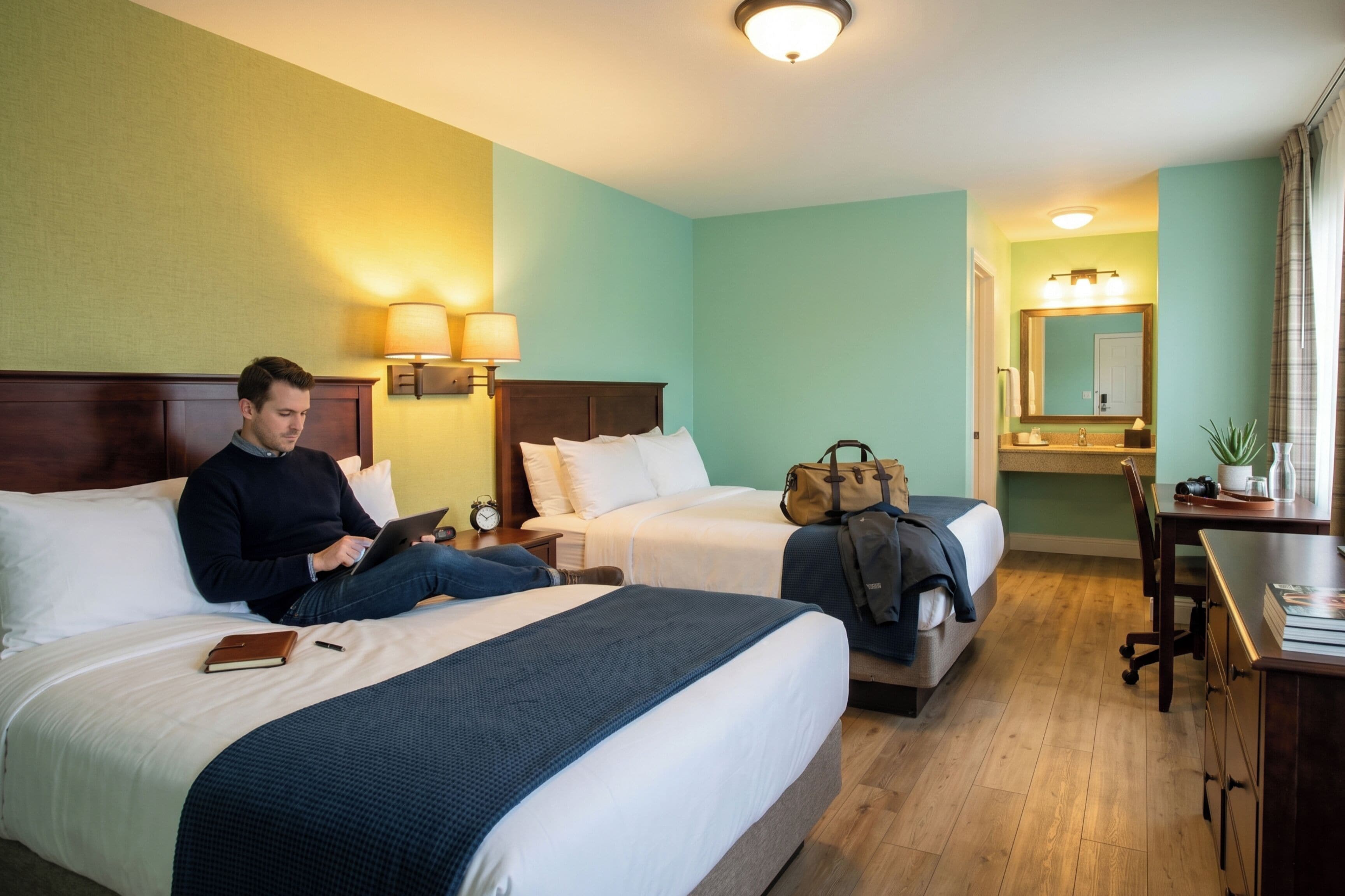 Une chambre d’hôtel avec deux lits, un bureau, une chaise, une lampe et un miroir.